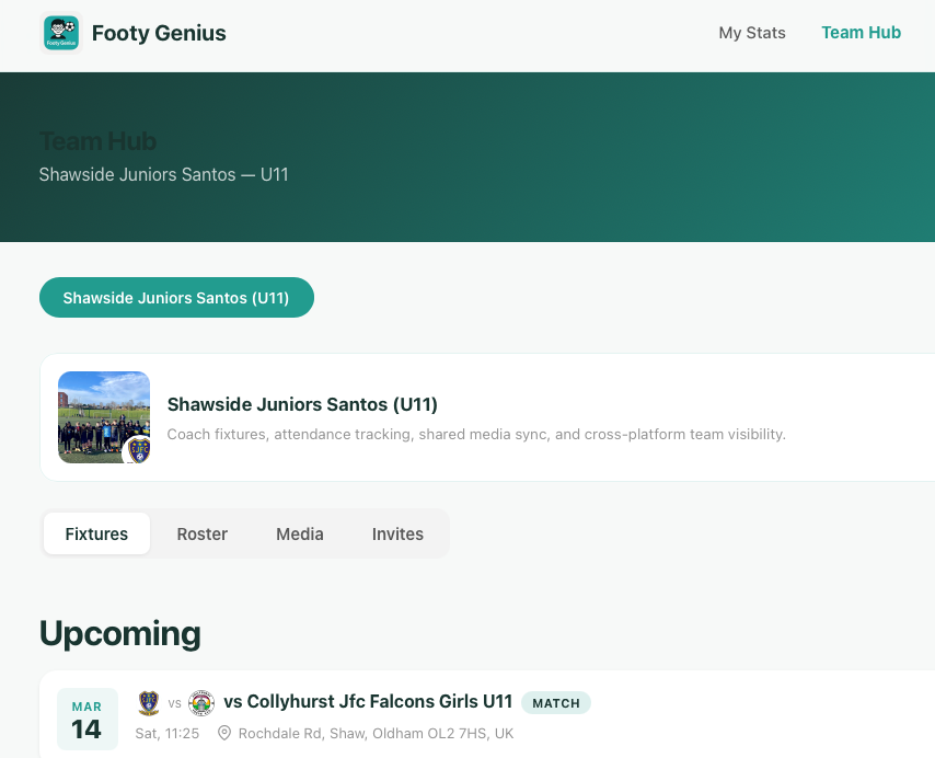 Footy Genius web team hub sync view