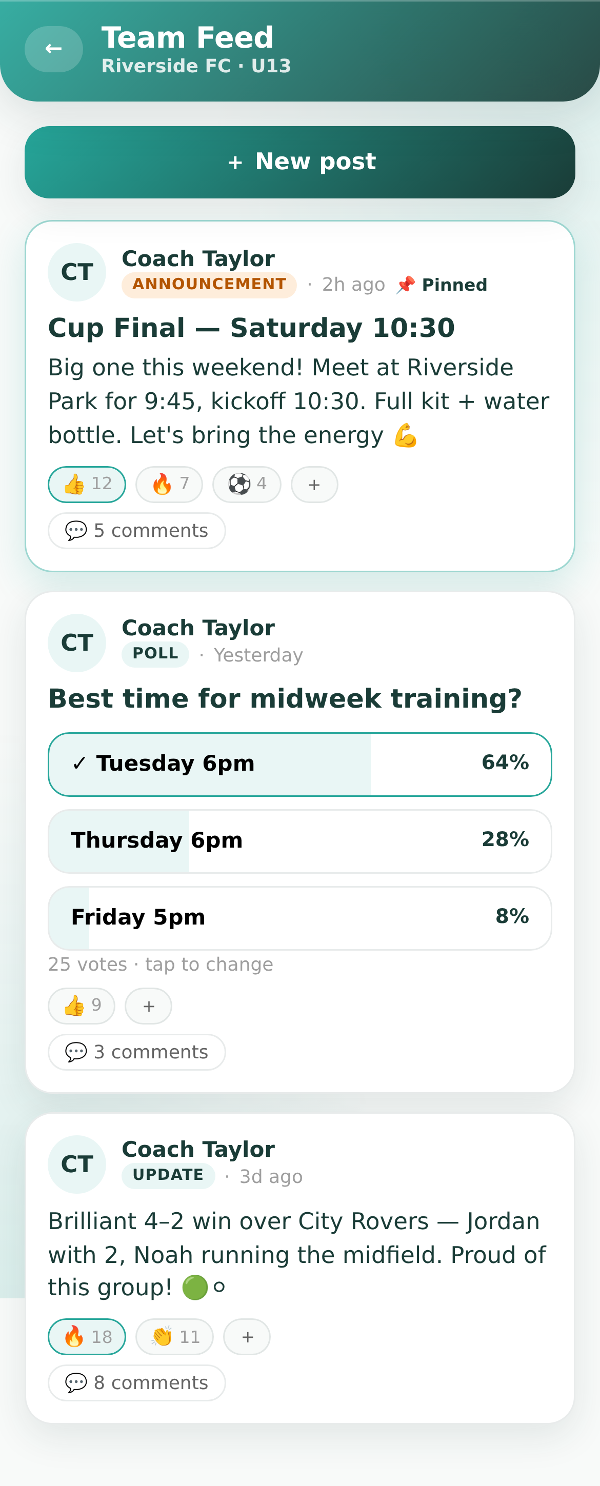 Footy Genius team feed with match updates, photos and announcements for the squad