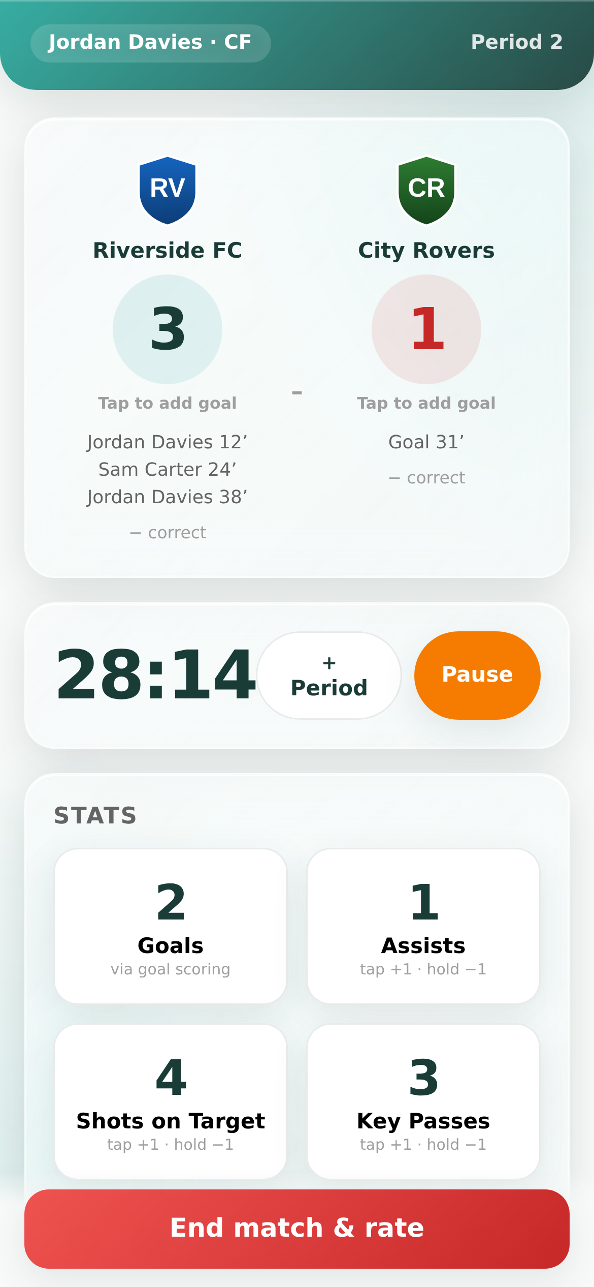 Footy Genius live match tracker with a running timer and tap-to-log buttons for goals, assists and tackles