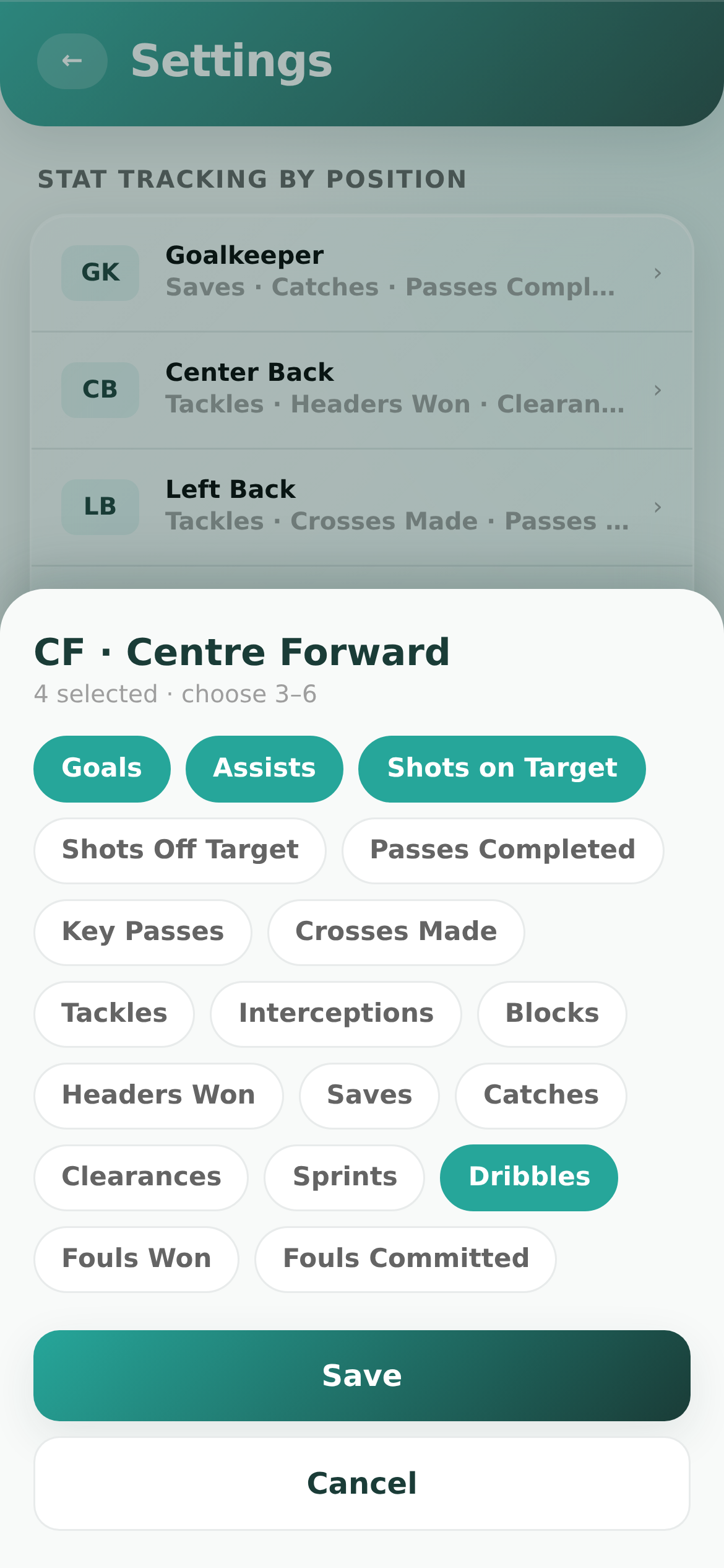 Footy Genius settings screen for configuring which stats are tracked per playing position