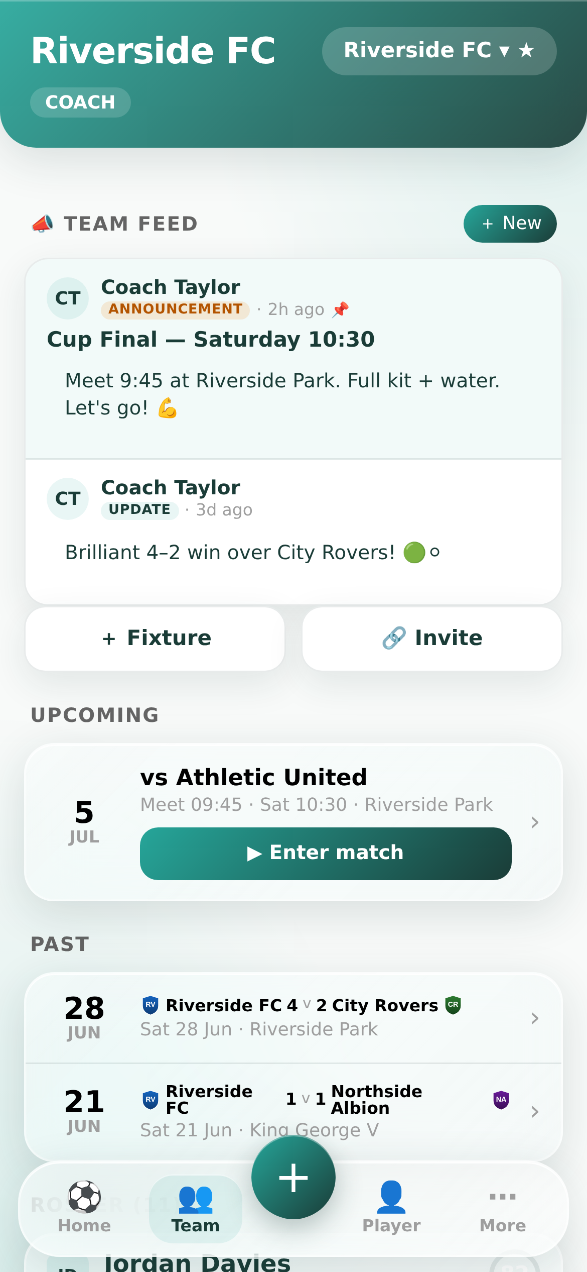 Footy Genius team hub showing fixtures, results, the squad roster and a team activity feed in one place