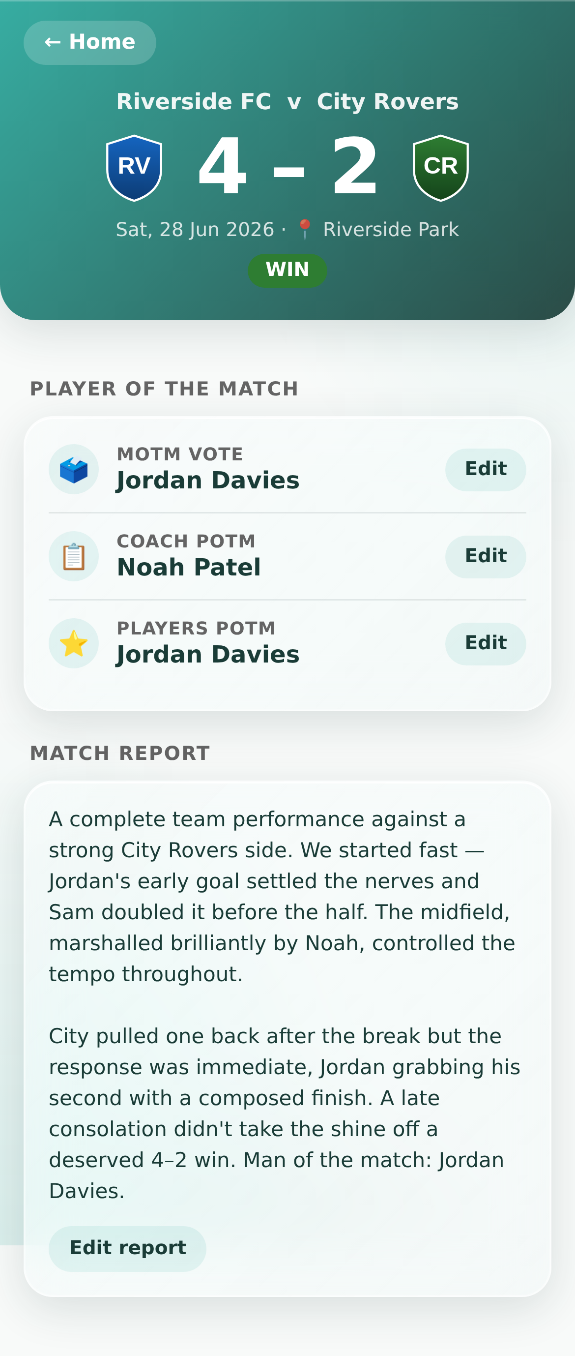Footy Genius match report with the final scoreline, key stats and a Player of the Match award